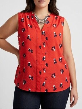😍SHOW SPECIAL AMANDA GREEN Sleeveless Red Floral Print V-Neck ToP SIZE XL